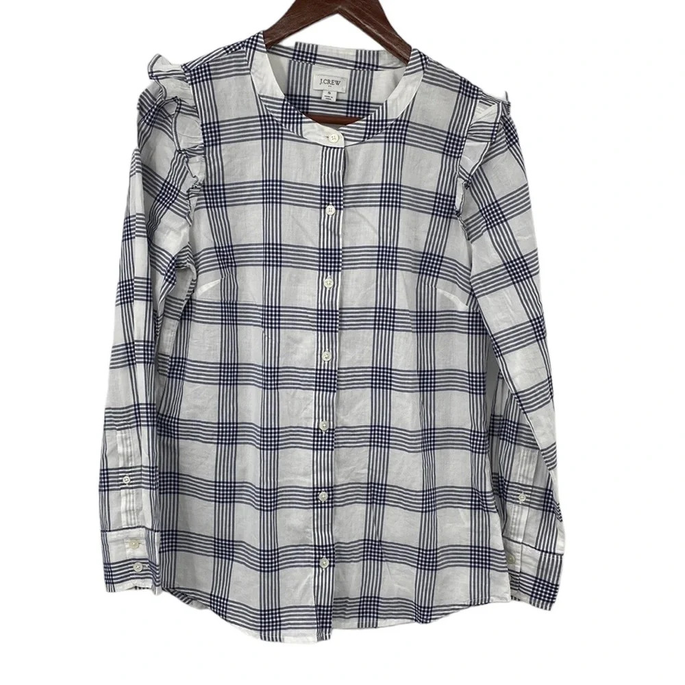 J.Crew Button up Shirt Womens Sz Small White Blue Plaid Check Ruffle 100% Cotton